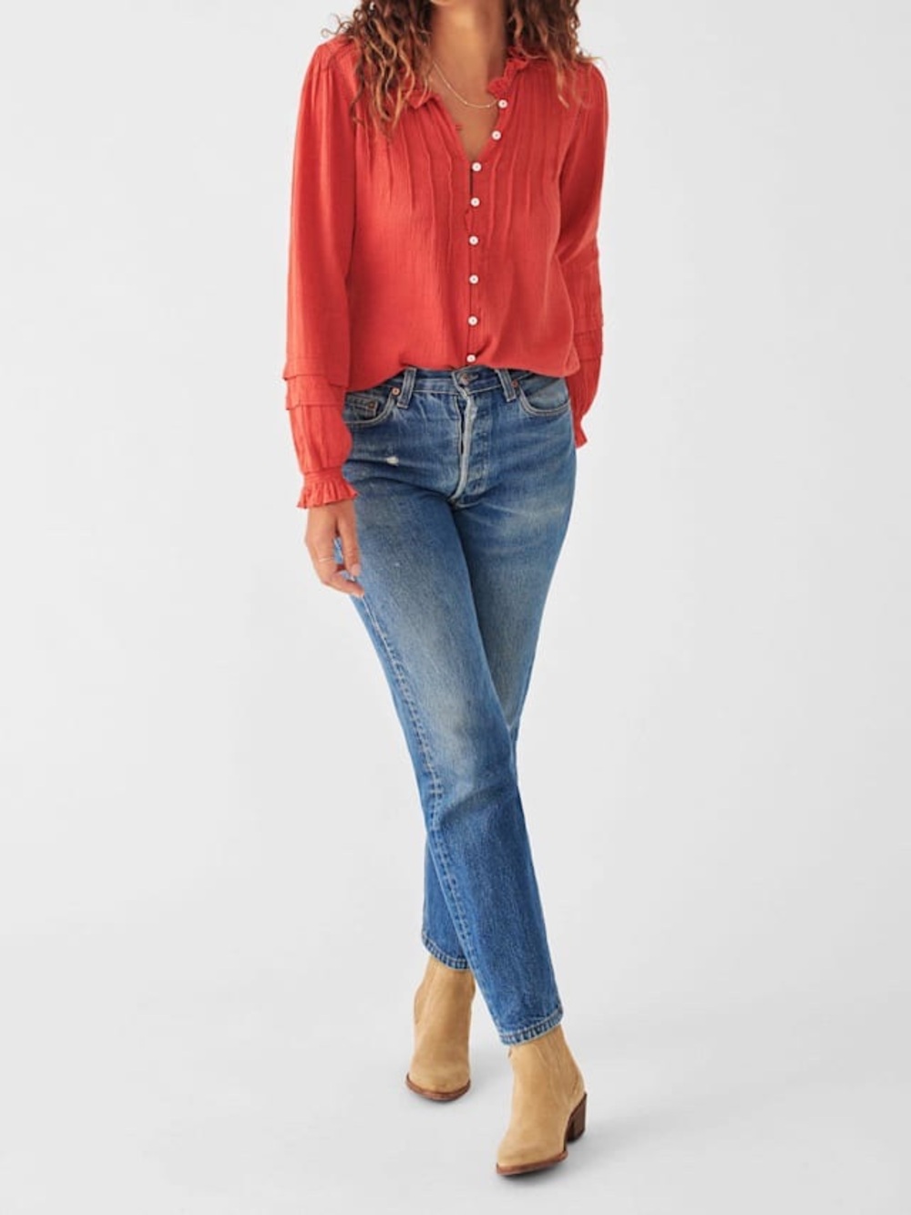 Faherty Coral-Red Button Front Ruffle Blouse - Picture 2 of 10